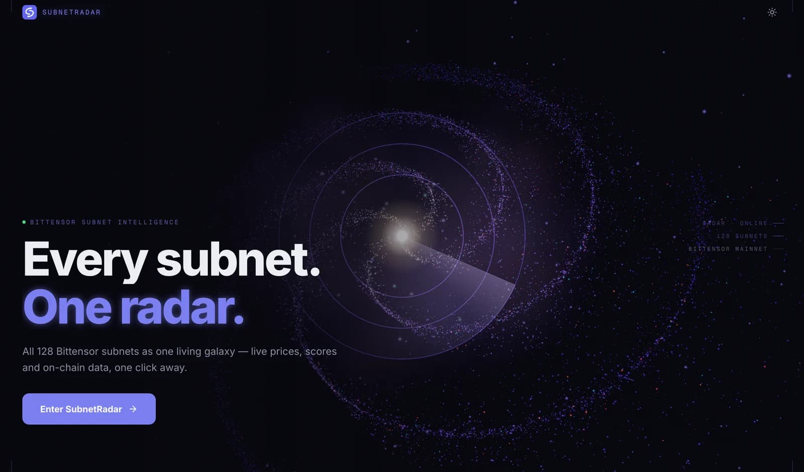 Startpagina van SubnetRadar: een donkere hero met de kop 'Every subnet. One radar.', een animatie van paarse radarringen en sterren rond een gloeiend middelpunt, en de knop 'Enter SubnetRadar'.